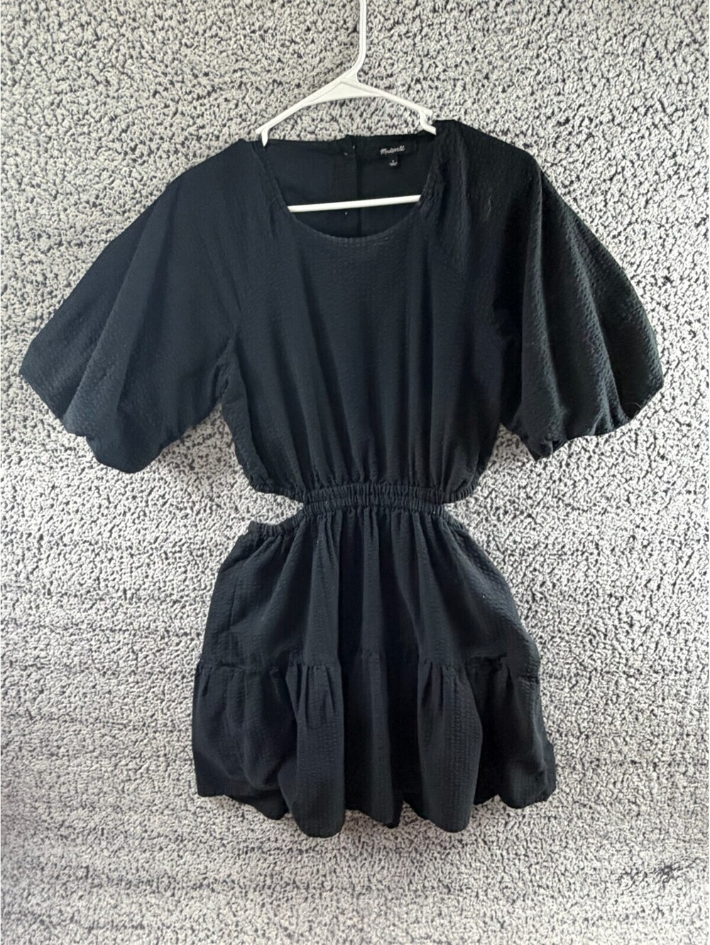 Madewell Seersucker Puff Sleeve Cutout Mini Dress Black Tiered Open Back Small